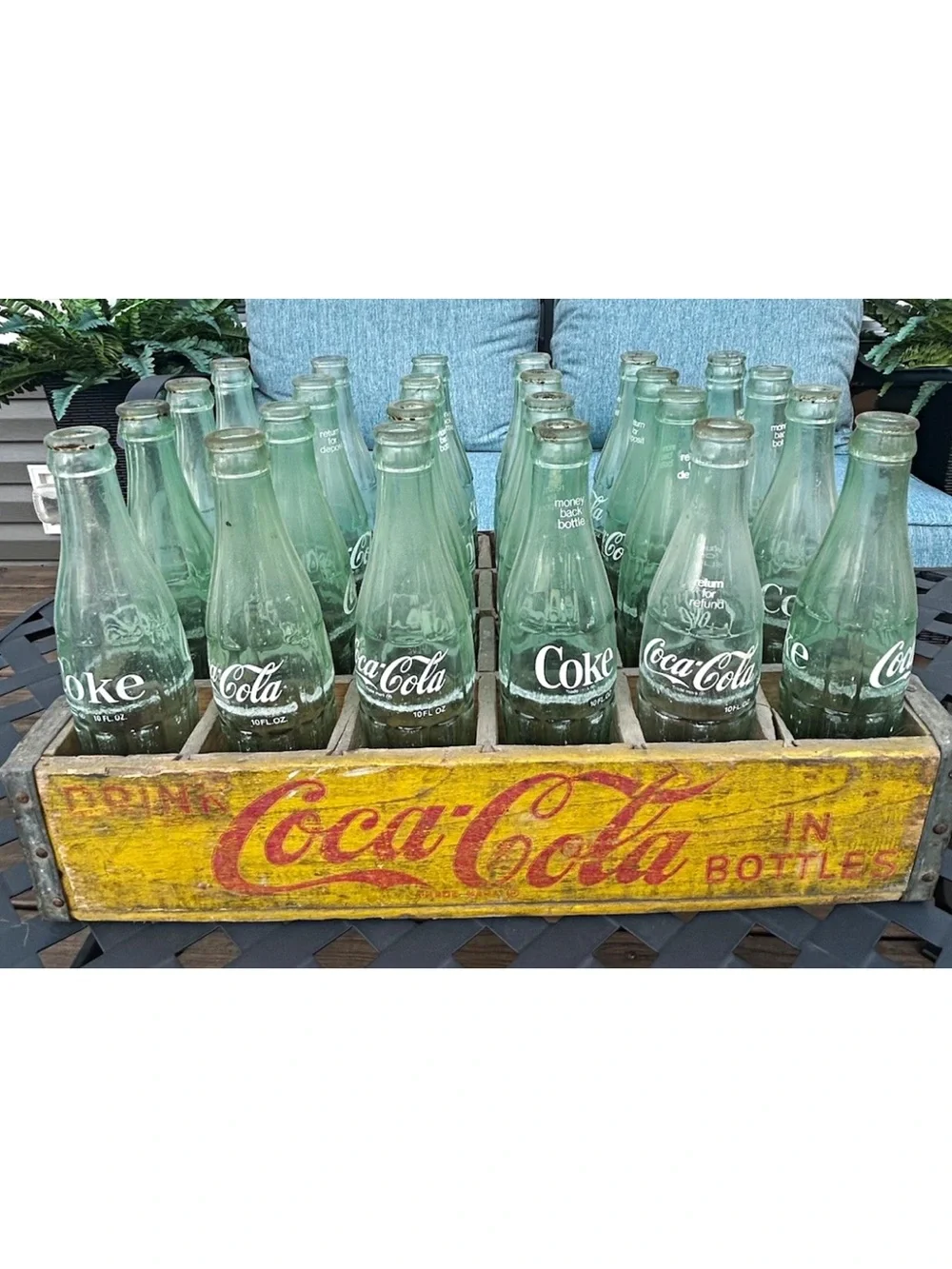 Coca Cola Yellow Wooden Crate with 24 Glass Bottles (10oz). Very sturdy crate.